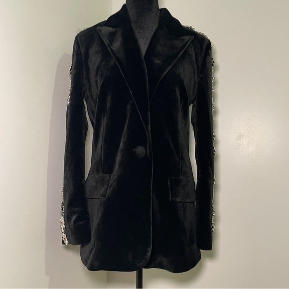 Nadine Merabi- Davina Black Blazer Satin Velvet Embellished Size 6 Evening - Picture 6 of 16